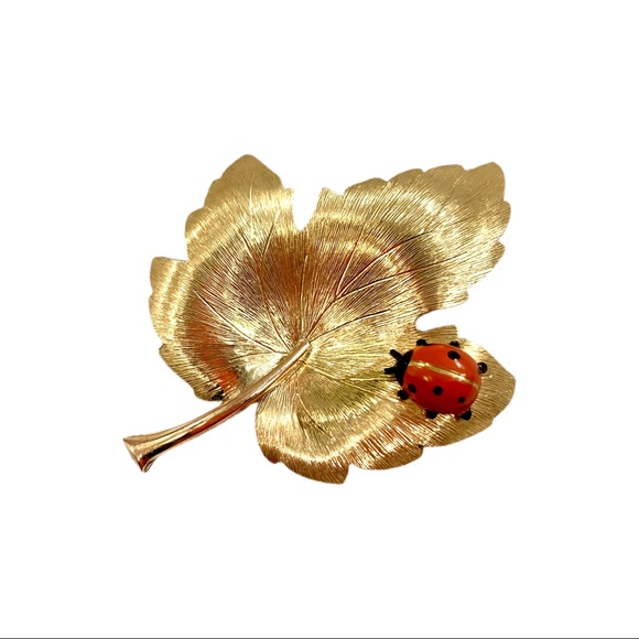 VTG Krementz 14k Overlay Ladybug Maple Leaf Brooch - Picture 8 of 11